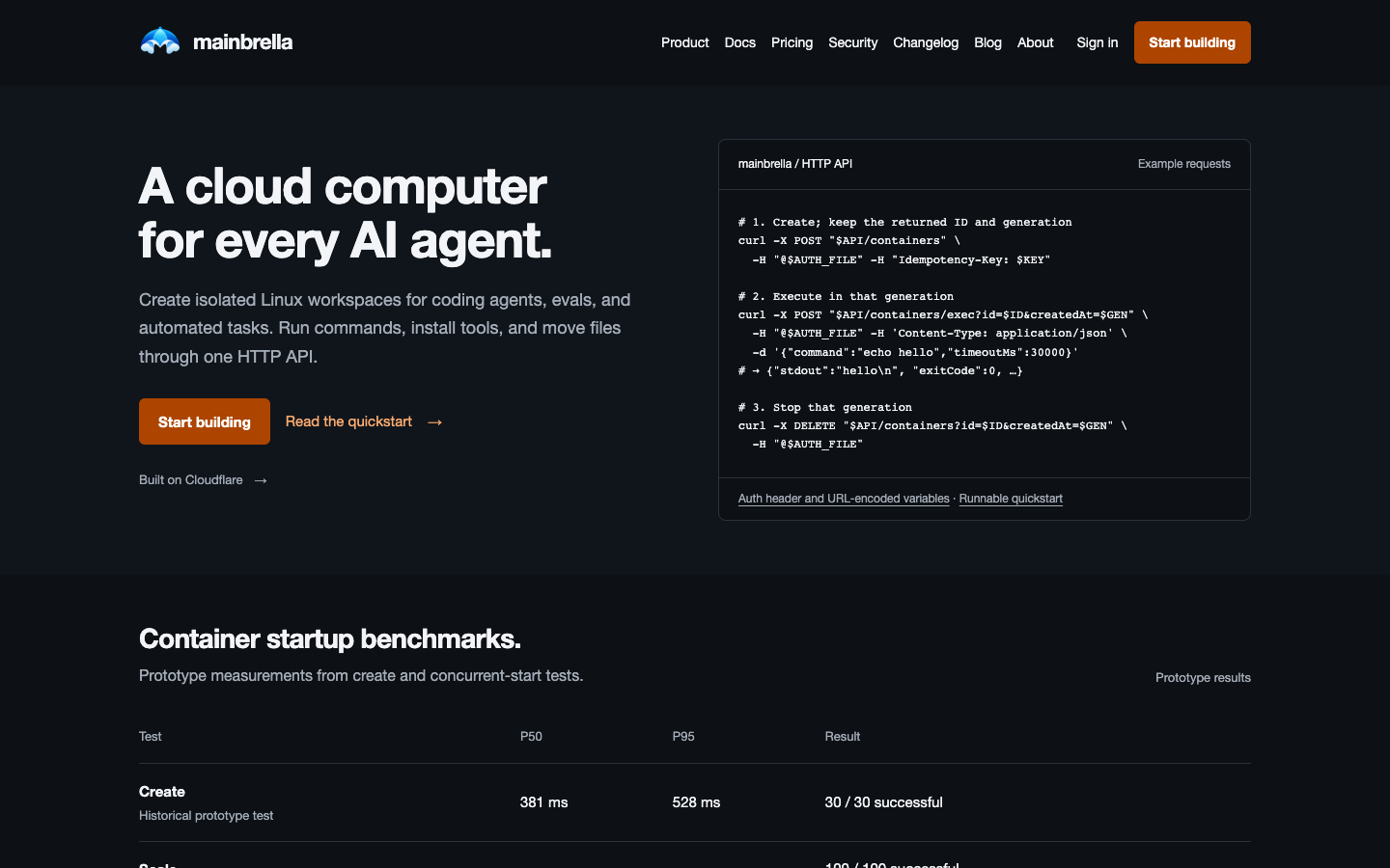 Mainbrella homepage with product description and an illustrative container API workflow