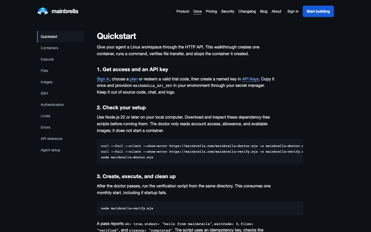 Mainbrella Quickstart documentation with prerequisites and verification instructions
