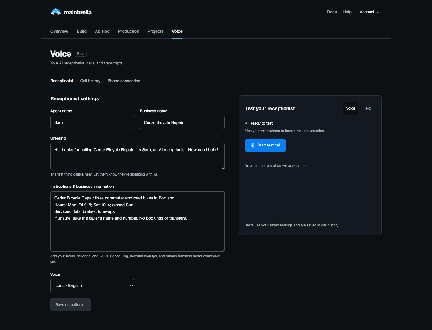 Mainbrella's receptionist settings for sample business Cedar Bicycle Repair: Sam's AI greeting, hours and repair services, callback instructions, and the Luna voice.