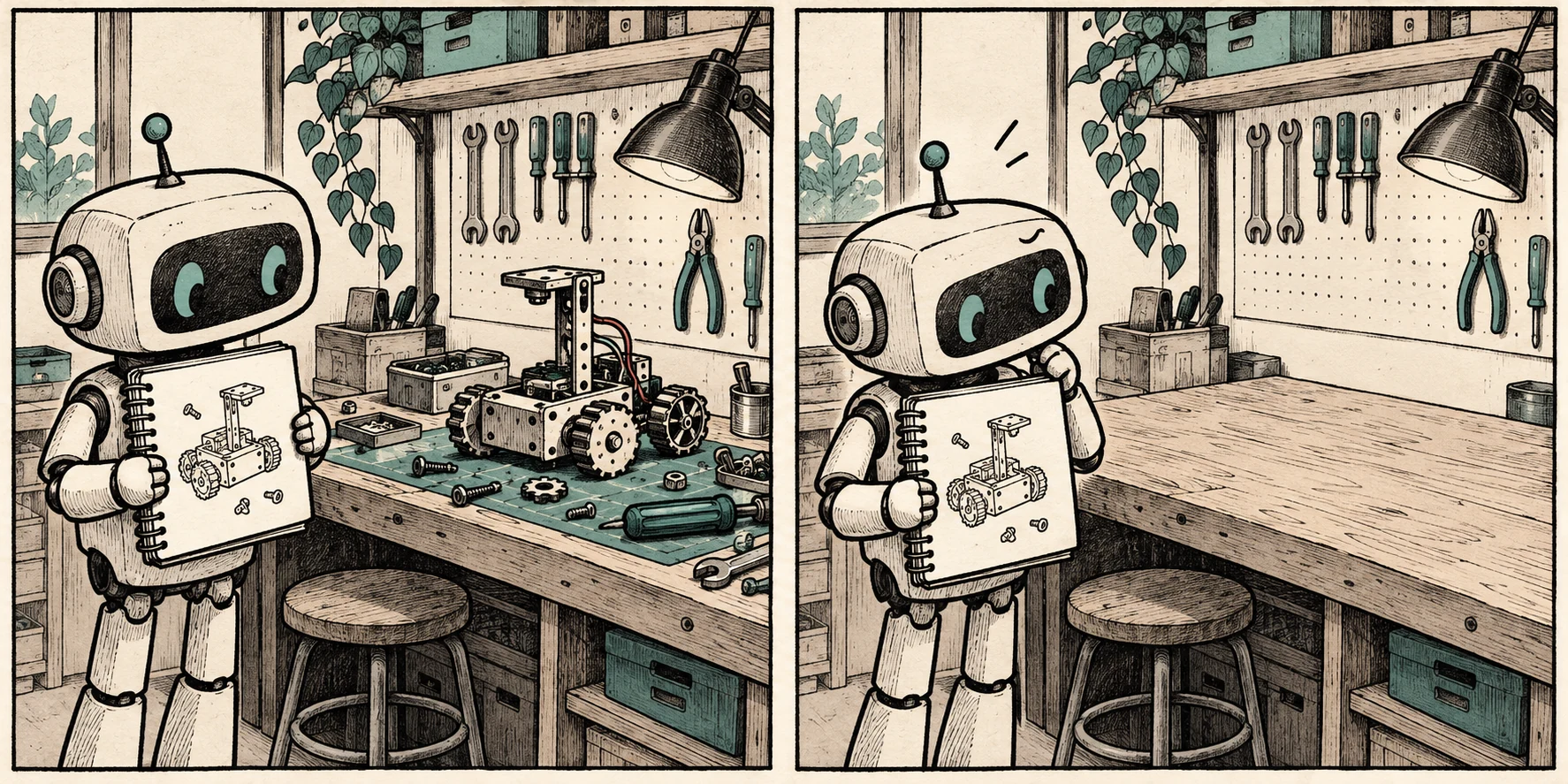 An assistant records a half-built mechanical project in a notebook while the actual parts sit on its workbench.
