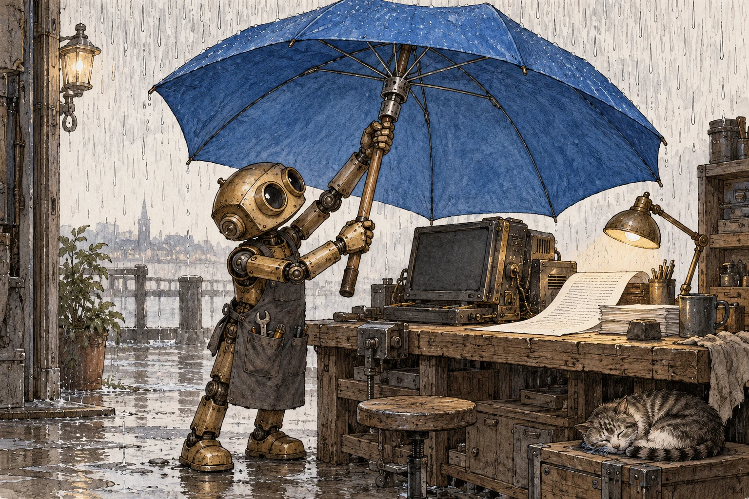 A mechanical assistant uses one hand to hold an umbrella's shaft and the other to push its runner upward, sheltering a computing machine and an unfinished report.