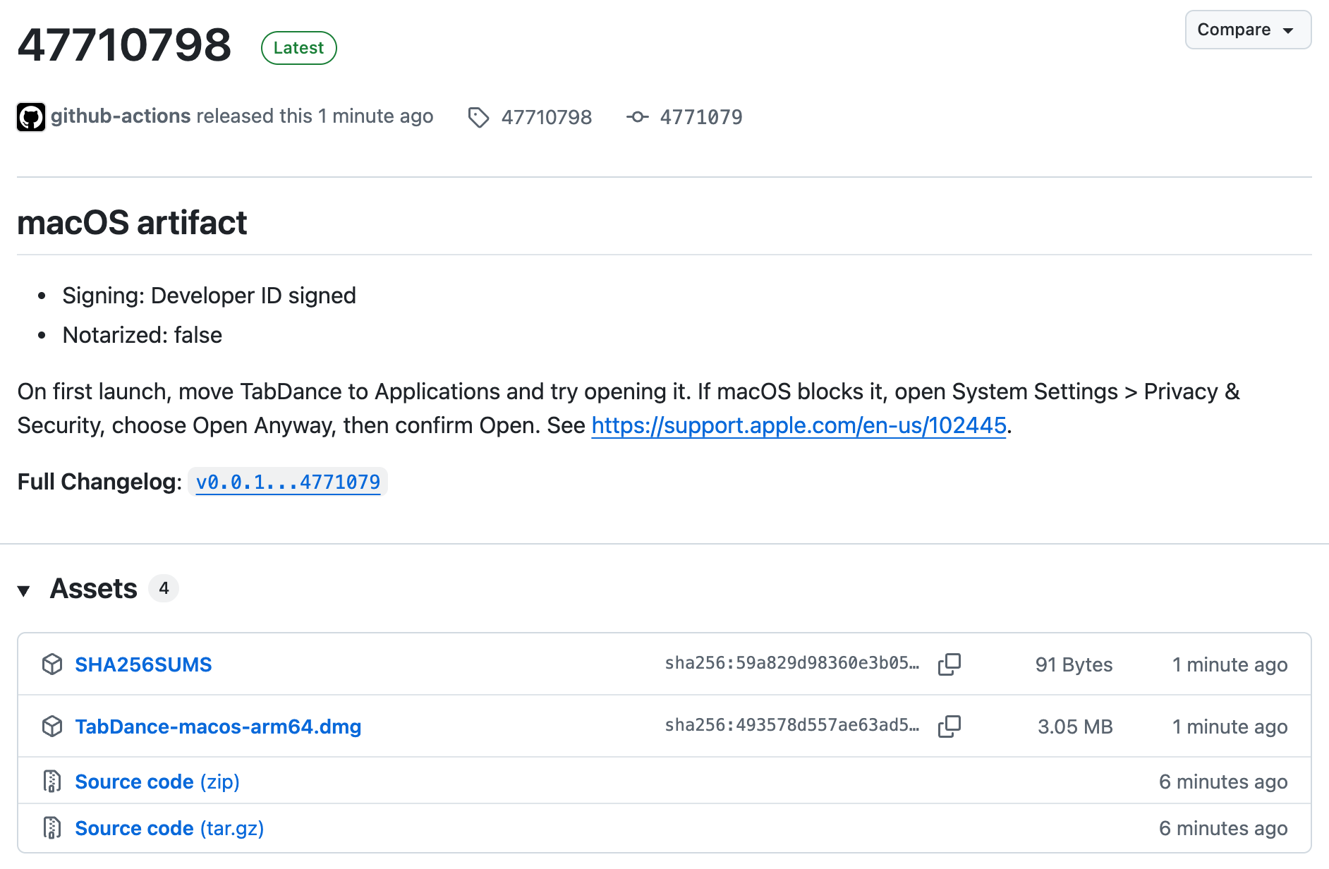 The 47710798 GitHub release reports Developer ID signed and Notarized: false, with TabDance-macos-arm64.dmg and SHA256SUMS attached in addition to the automatic source-code archives.