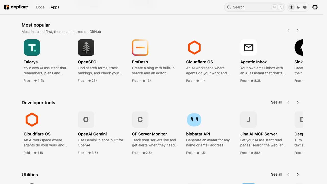 Appflare's public catalog showing installable apps and their categories, including email, notes, analytics, and developer tools.