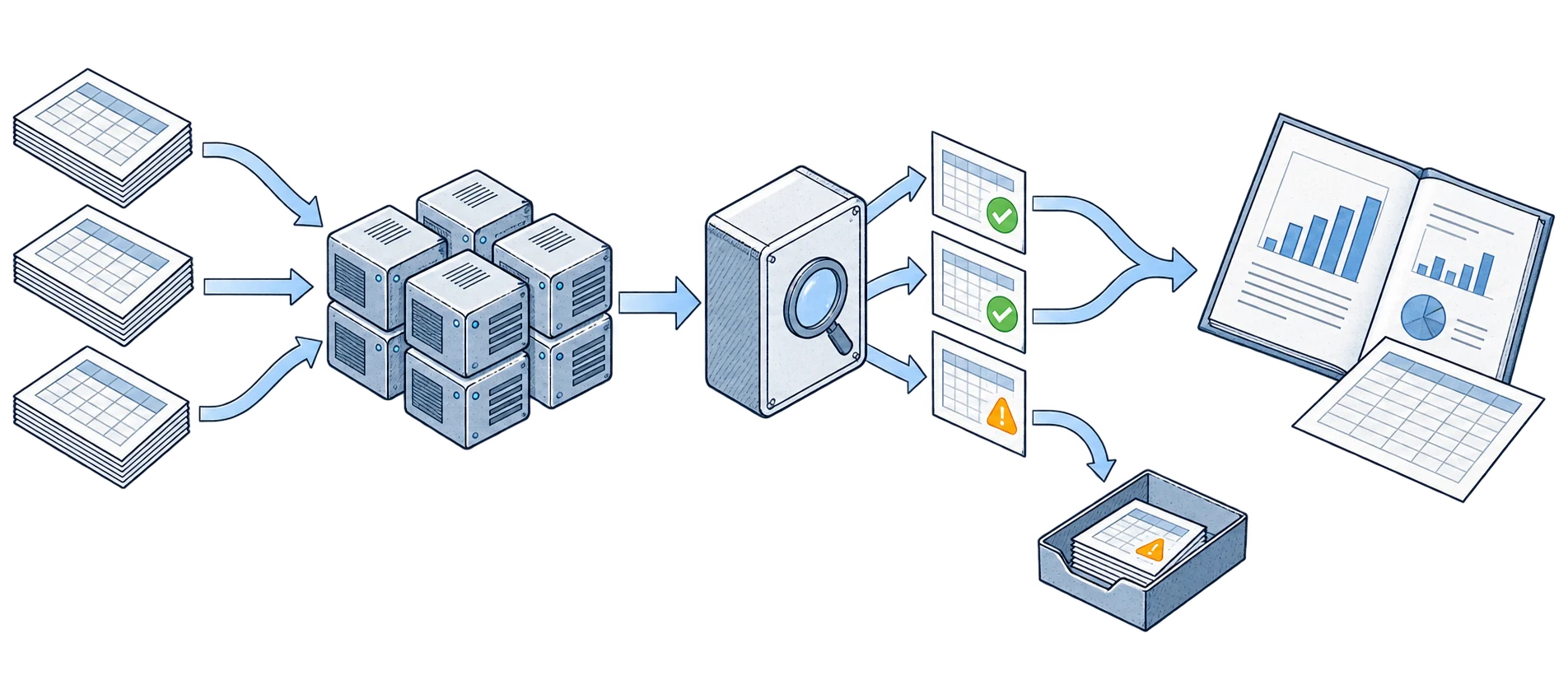 Data sheets feed parallel worker modules, then a validation stage. Accepted results flow into a report and spreadsheet; discrepancies branch into a separate exception tray.