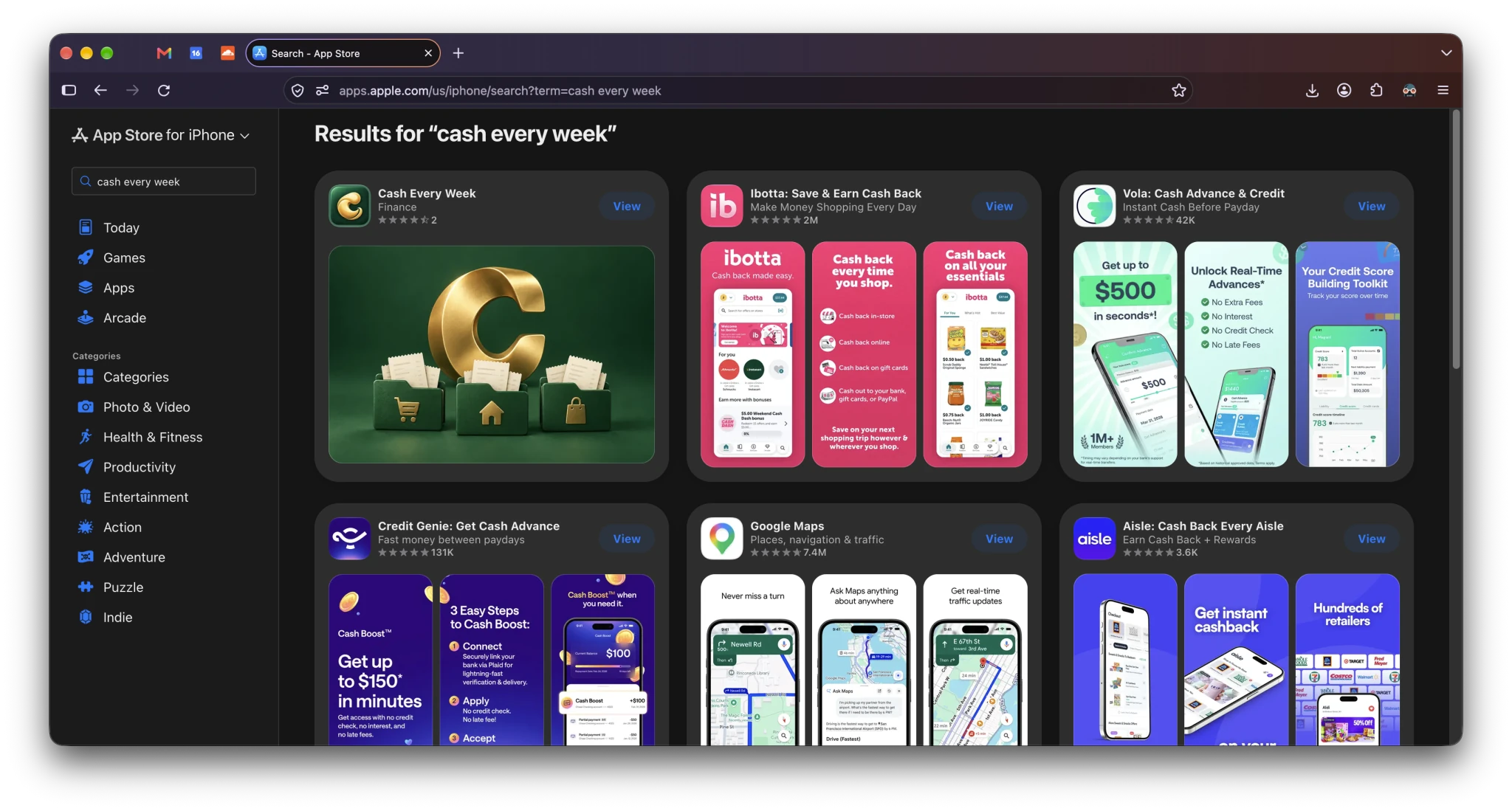 Cash Every Week's search image shows a large gold C above three green pockets holding receipts. The full capture includes Ibotta and other results with portrait screenshots.
