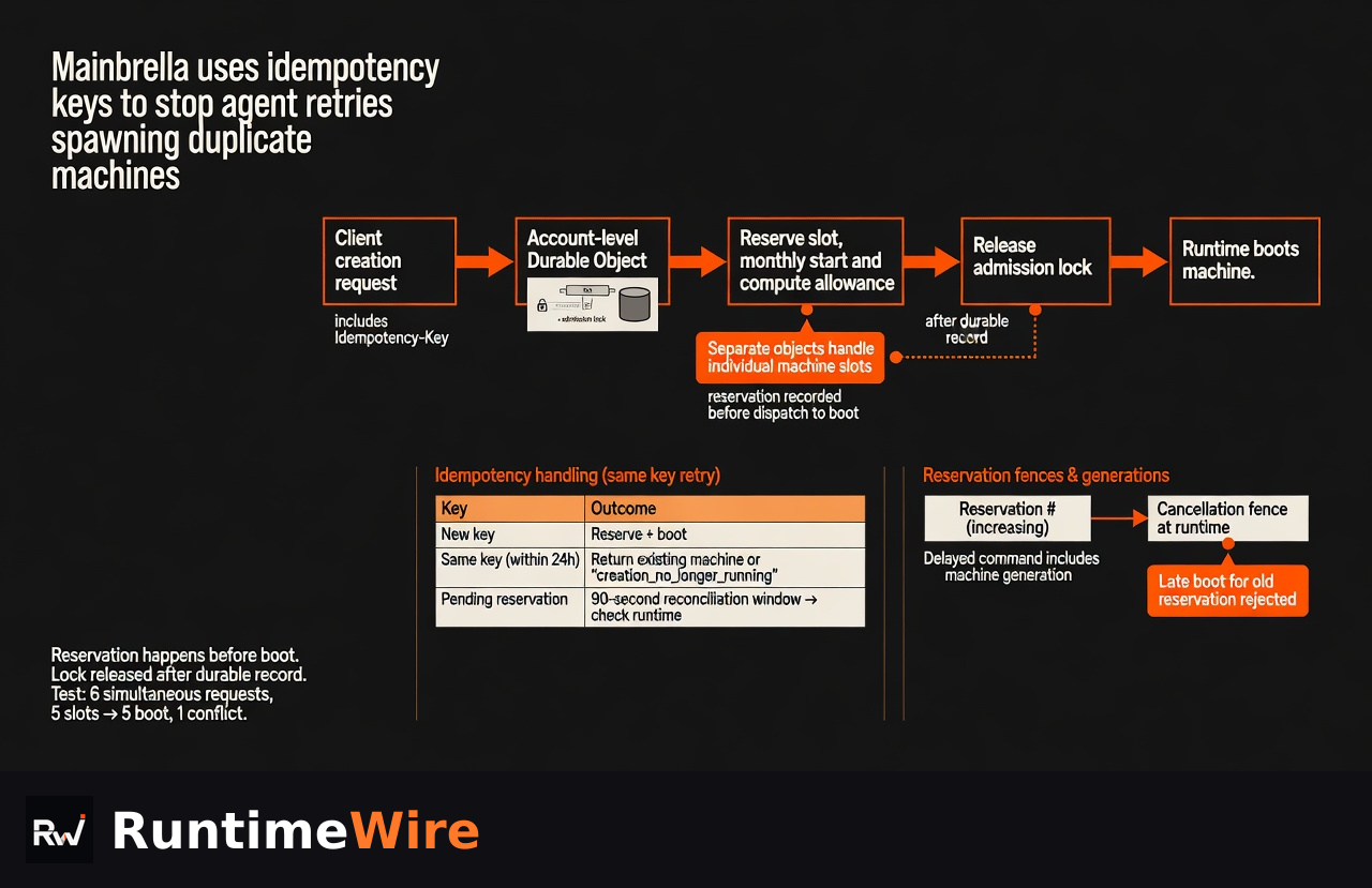 RuntimeWire diagram of Mainbrella’s idempotent container creation and retry handling